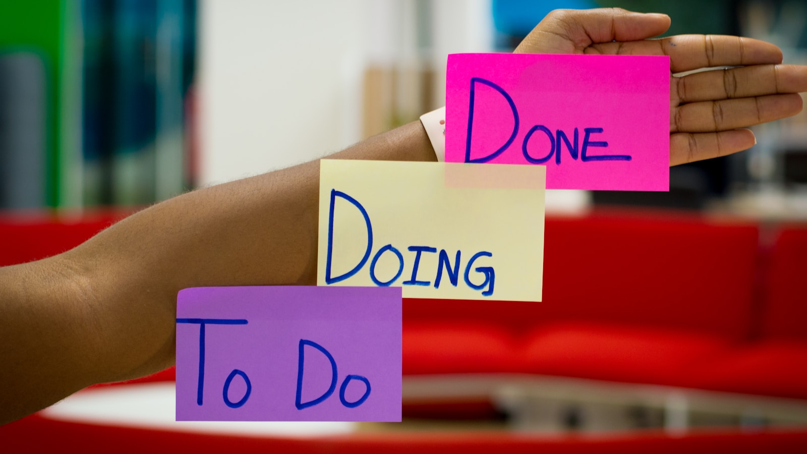 Three sticky notes: To Do, Doing, Done — the workflow of an order